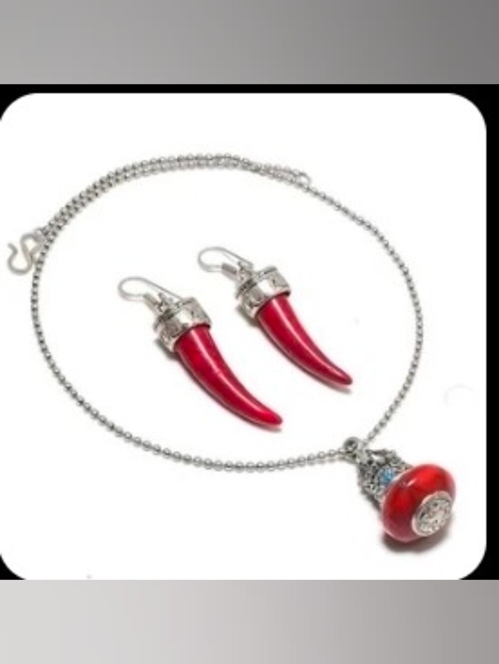 Italian Red Coral Pendant Necklace & Earring Set 925 Silver Plated